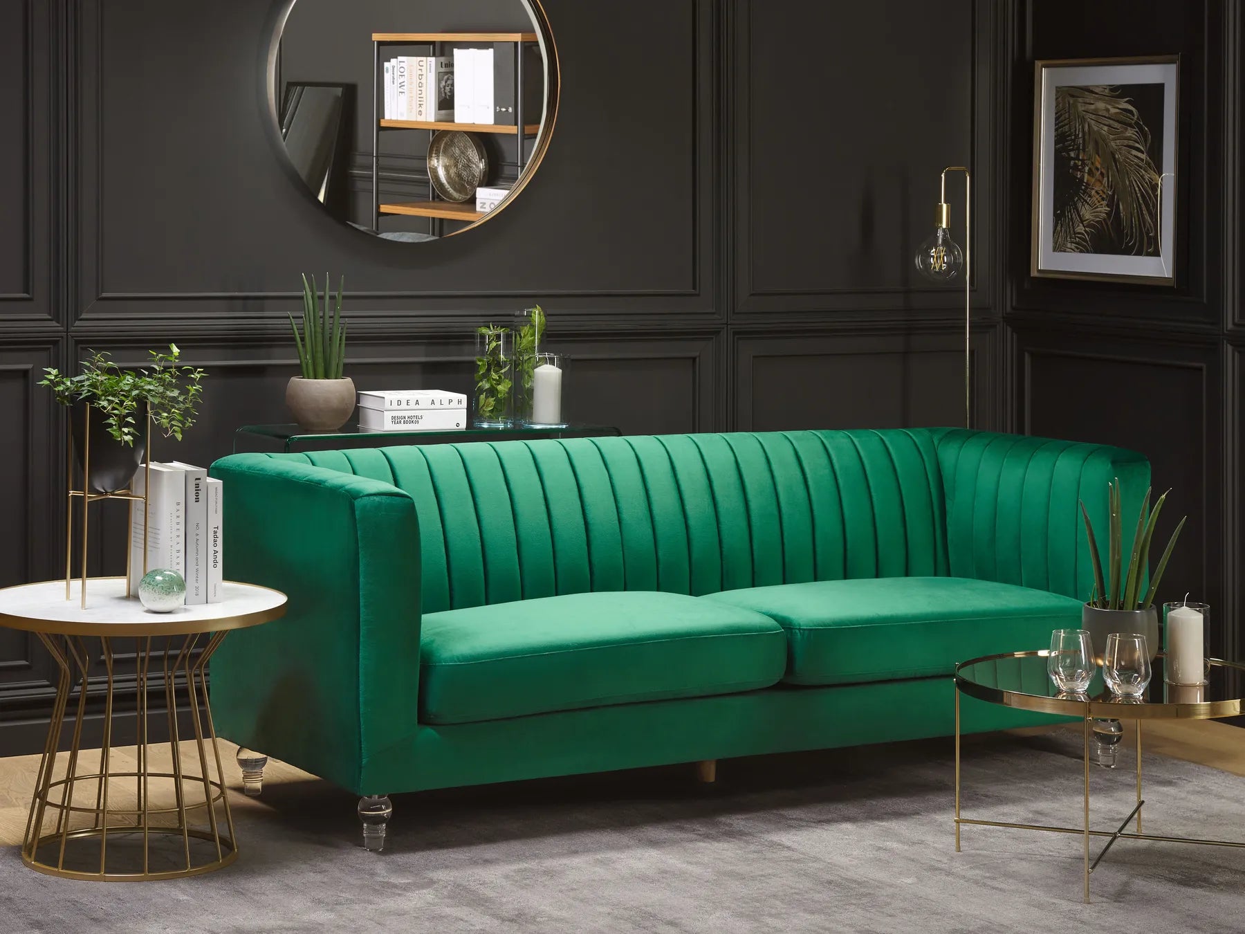 Sofa 3 Seater ARVIKA Velvet Green – Green Velvet Tuxedo Sofa with Acrylic Legs