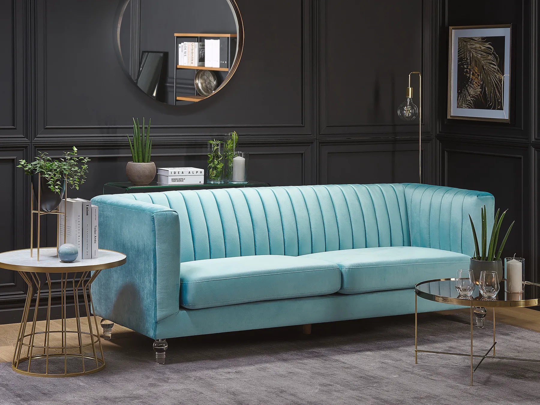 Sofa 3 Seater ARVIKA Velvet Light Blue – Blue Velvet Tuxedo Sofa with Acrylic Legs