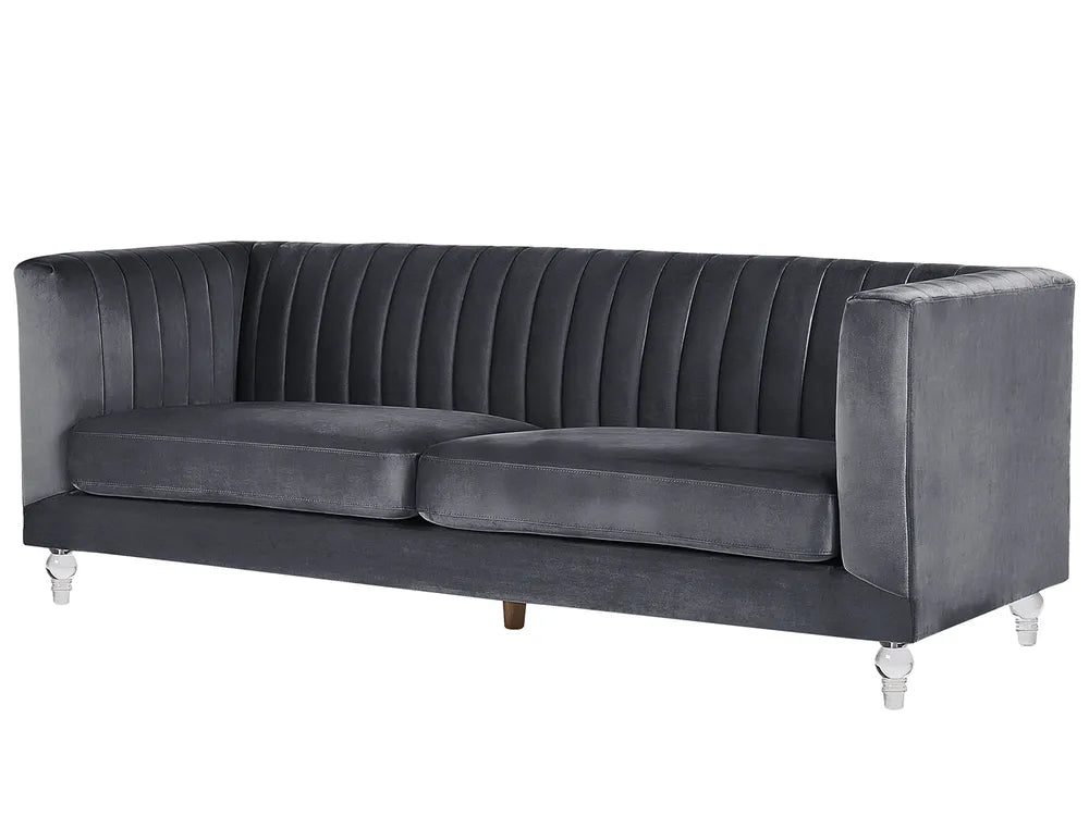 Sofa 3 Seater ARVIKA Velvet Grey– Grey Velvet Tuxedo Sofa with Acrylic Legs