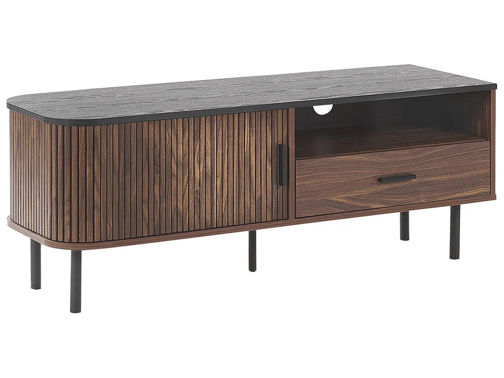 TV Stand JOSE Dark Brown – Retro Sliding Door TV Cabinet for TVs up to 54", with Drawer, Cable Management & Storage