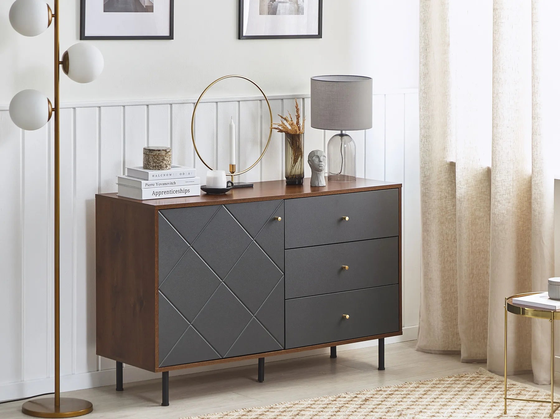Modern Highboard Sideboard Cabinet with Glam Touch – Grey & Black, 120 cm
