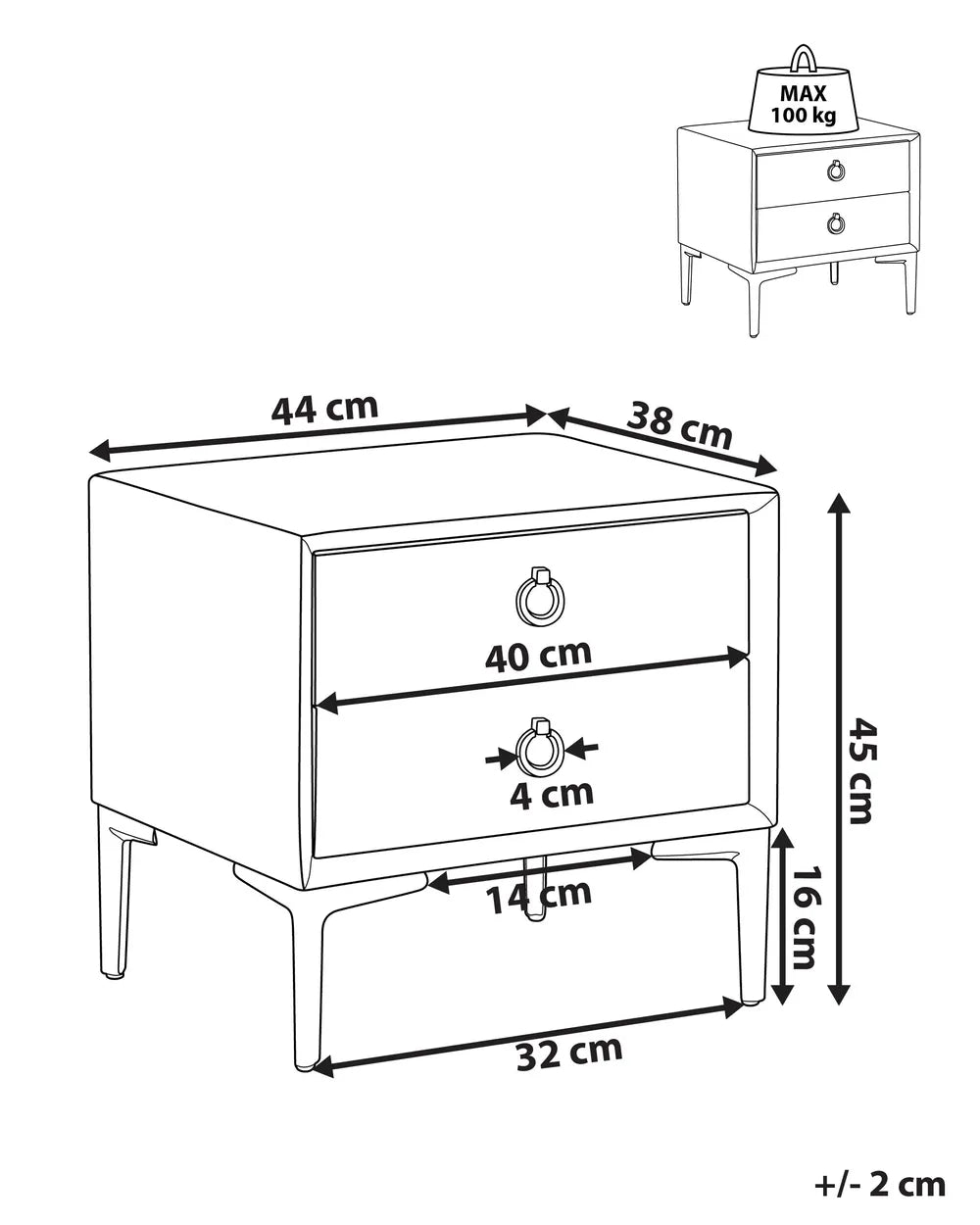 2 Drawer Bedside Table SEZANNE – Black Faux Leather Upholstered Nightstand with Metal Legs