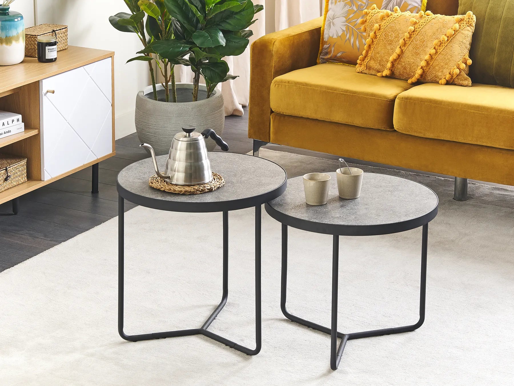 MELODY Set of 2 Coffee Tables, Round MDF Tables with Metal Legs, Grey, 50×50×50 cm & 50×50×45 cm