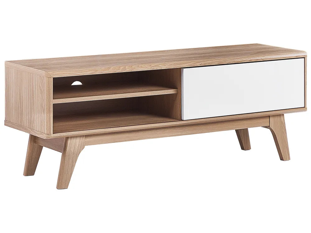 Mid-Century Modern TV Stand BUFFALO Light Brown & White – Sliding Door Media Unit for TVs up to 55", MDF, Cable Management