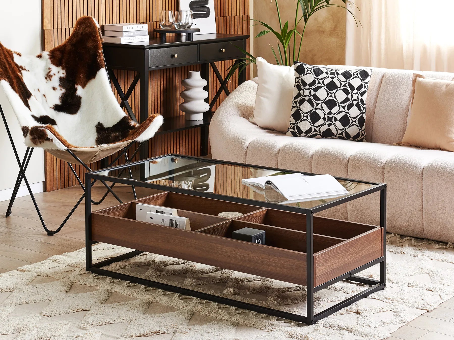 COFFEE TABLE WACO – TEMPERED GLASS TOP WITH STORAGE (BLACK)