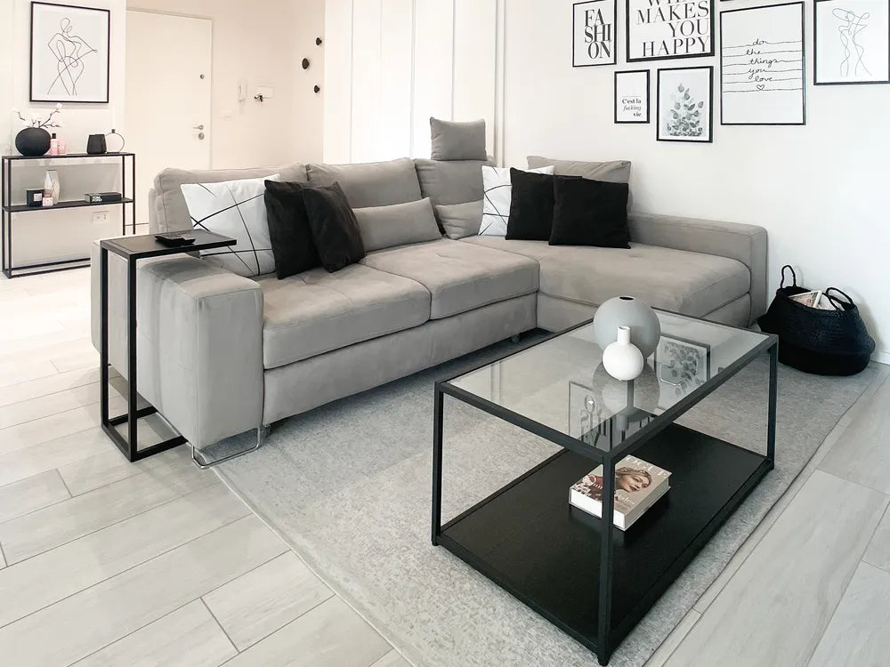 Rectangular Coffee Table with Tempered Glass Top – Black Metal Frame for Living Room