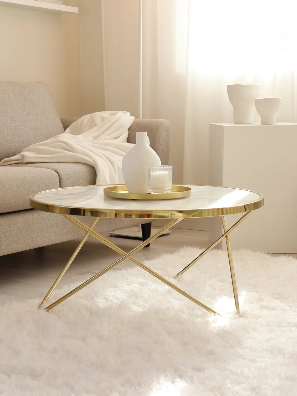Round Coffee Table with Tempered Glass Marble Effect Top – White Marble Finish with Gold Metal Legs