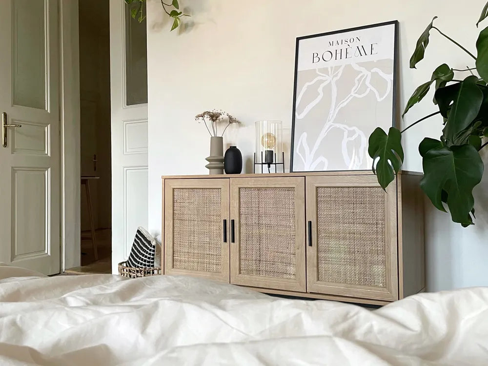 PASCO Light Brown Cabinet with Wicker Front – 2 Door Storage Sideboard, Rattan Design, Black Metal Legs