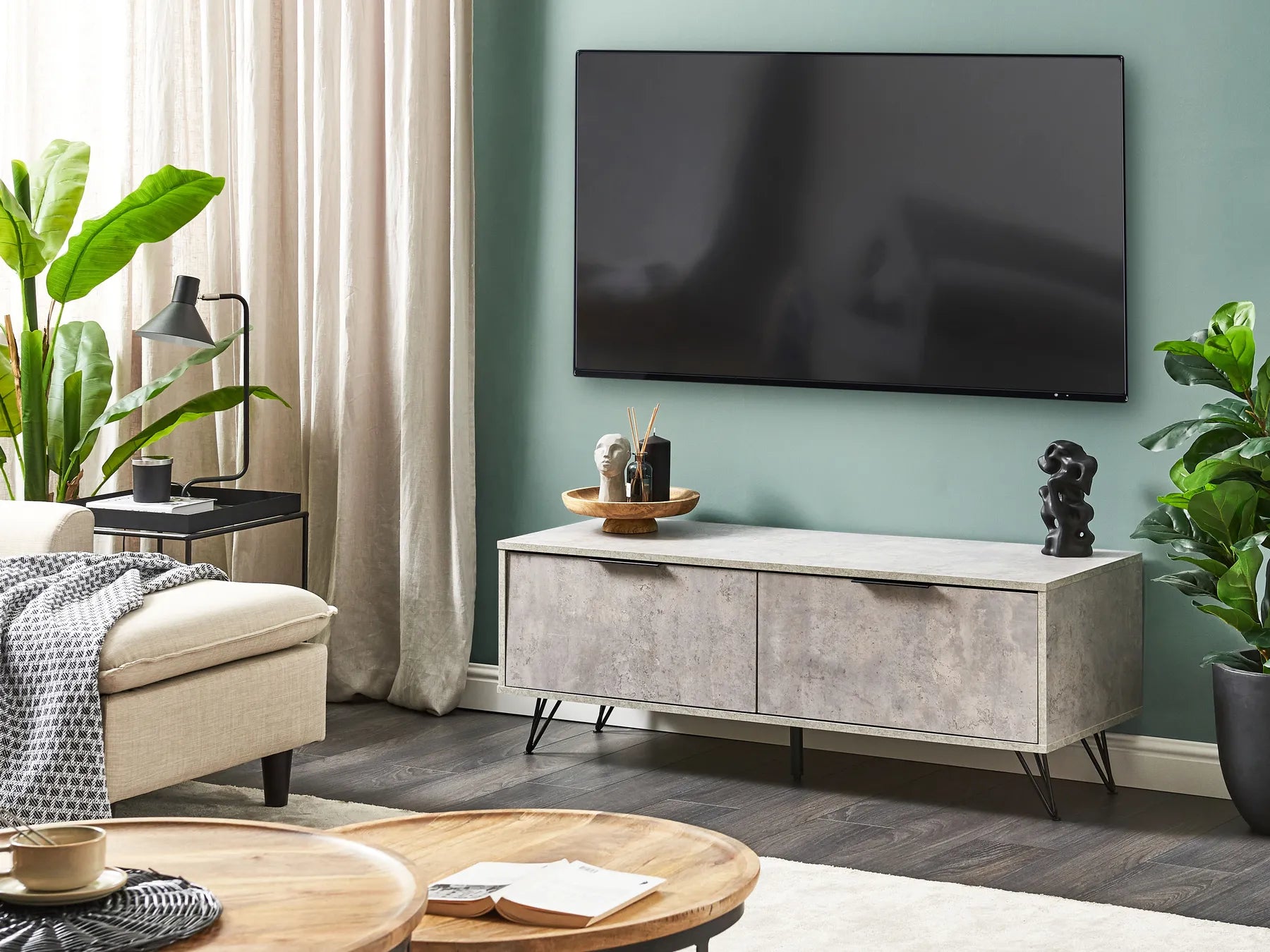 HALSTON Grey Concrete Effect TV Stand – Industrial Media Unit with 2 Cabinets, for TVs up to 55"