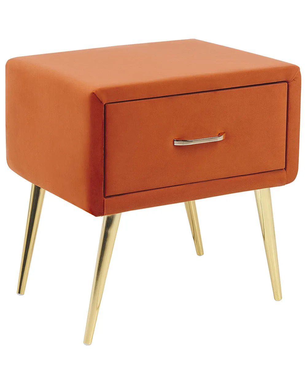 1 Drawer Bedside Table FLAYAT – Velvet Upholstered Nightstand, Orange with Gold Legs