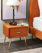 1 Drawer Bedside Table FLAYAT – Velvet Upholstered Nightstand, Orange with Gold Legs