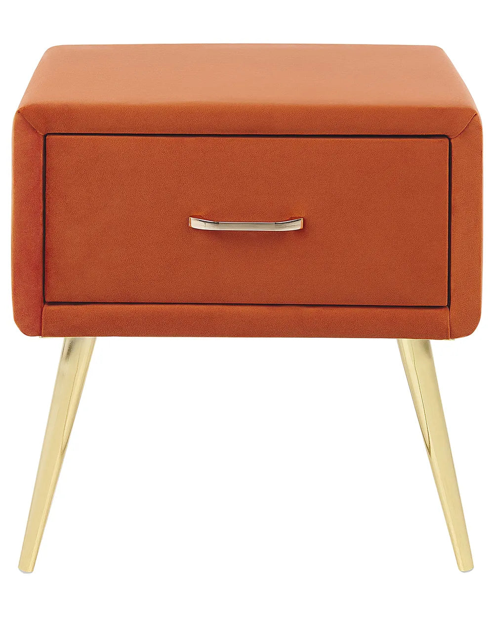 1 Drawer Bedside Table FLAYAT – Velvet Upholstered Nightstand, Orange with Gold Legs