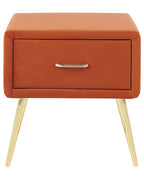 1 Drawer Bedside Table FLAYAT – Velvet Upholstered Nightstand, Orange with Gold Legs