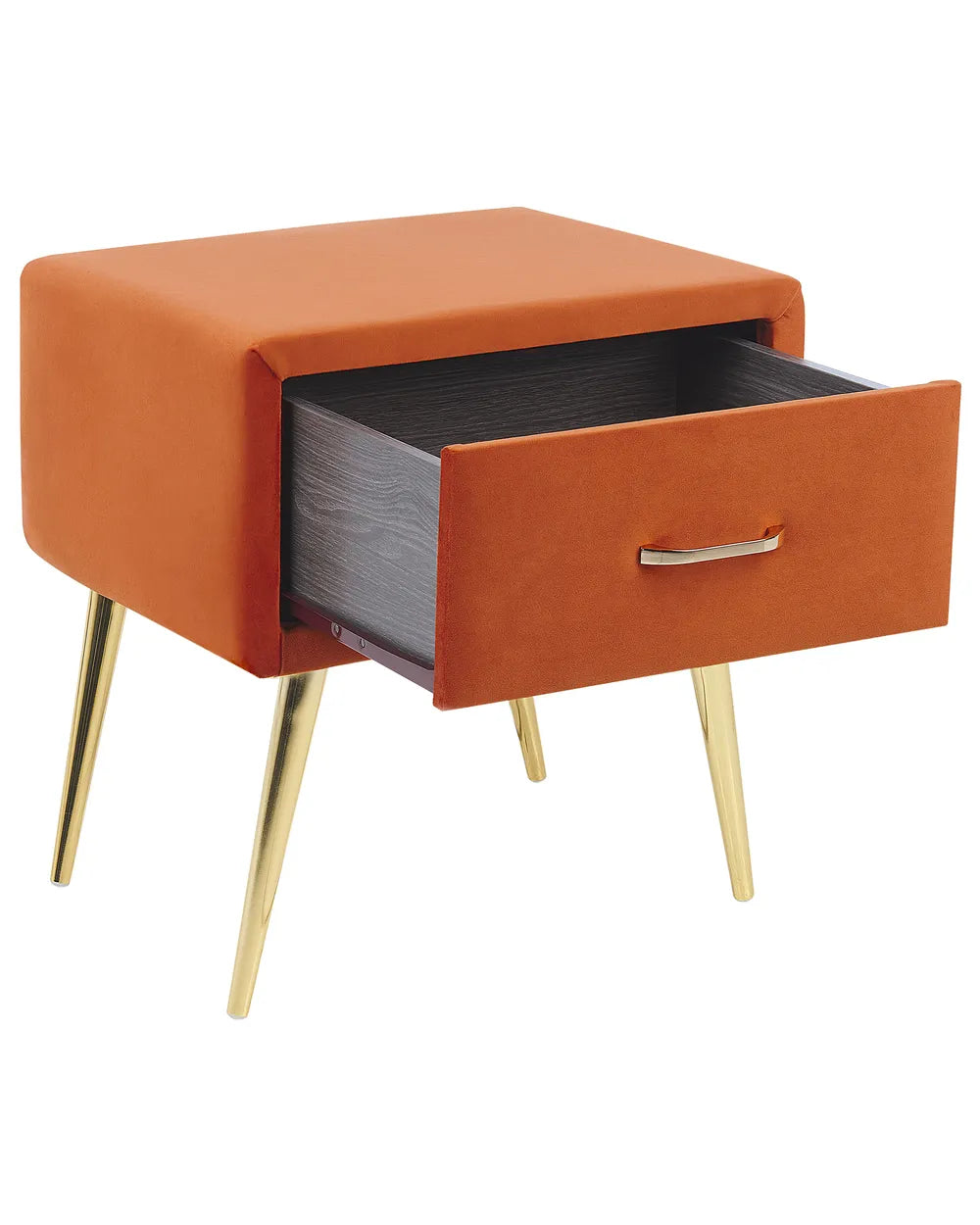 1 Drawer Bedside Table FLAYAT – Velvet Upholstered Nightstand, Orange with Gold Legs