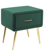 1 Drawer Bedside Table FLAYAT – Velvet Upholstered Nightstand, Green with Gold Legs