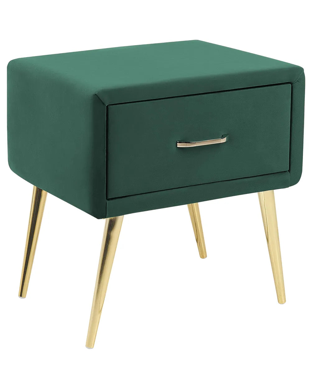 1 Drawer Bedside Table FLAYAT – Velvet Upholstered Nightstand, Green with Gold Legs