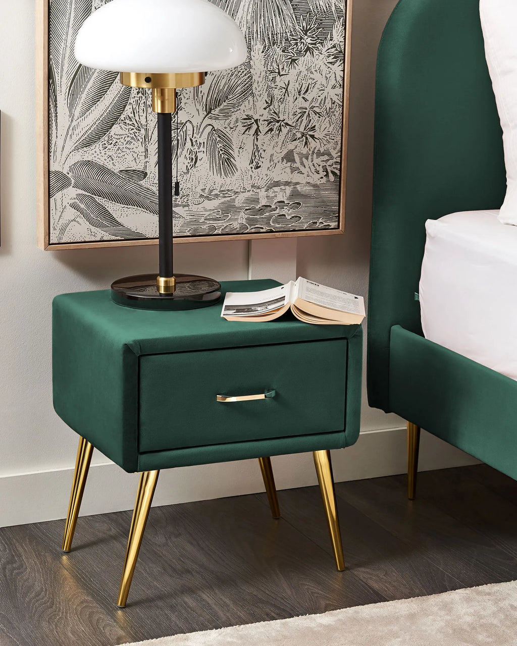 1 Drawer Bedside Table FLAYAT – Velvet Upholstered Nightstand, Green with Gold Legs