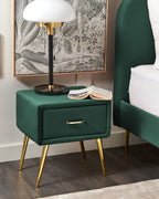 1 Drawer Bedside Table FLAYAT – Velvet Upholstered Nightstand, Green with Gold Legs