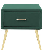 1 Drawer Bedside Table FLAYAT – Velvet Upholstered Nightstand, Green with Gold Legs