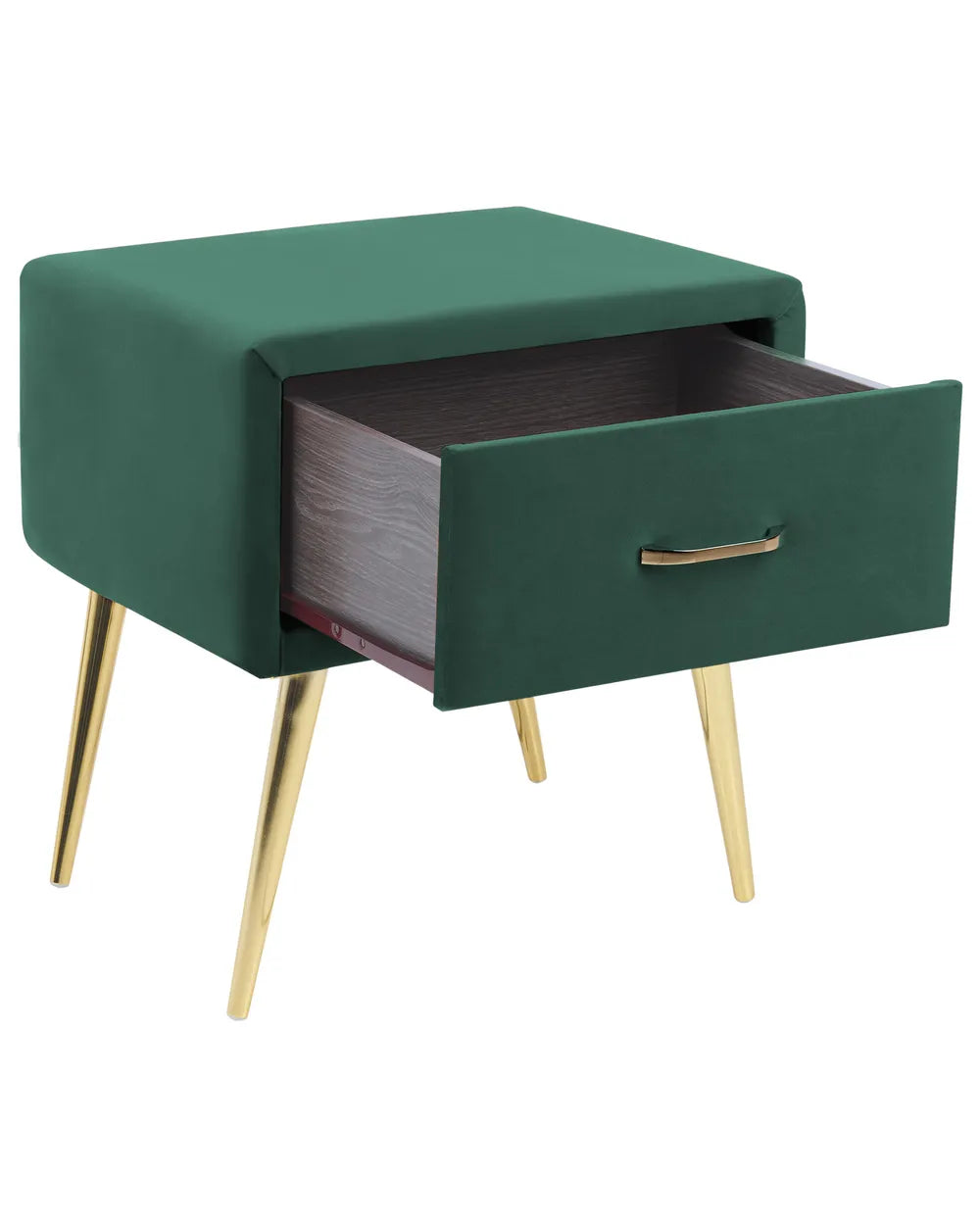 1 Drawer Bedside Table FLAYAT – Velvet Upholstered Nightstand, Green with Gold Legs