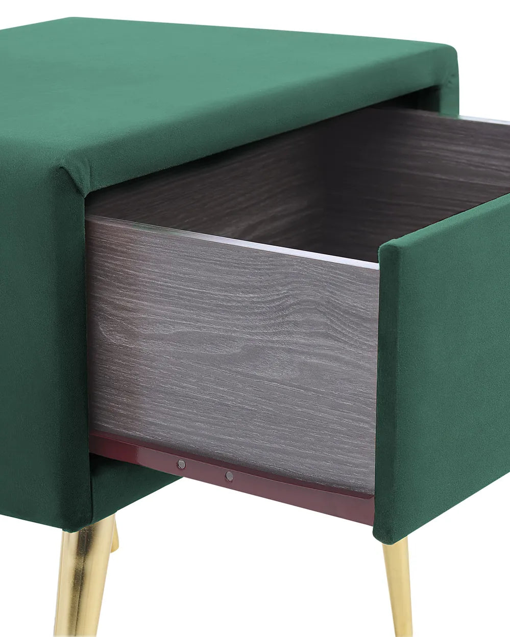 1 Drawer Bedside Table FLAYAT – Velvet Upholstered Nightstand, Green with Gold Legs