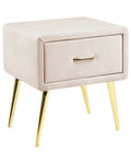 1 Drawer Bedside Table FLAYAT – Velvet Upholstered Nightstand, Light Beige with Gold Legs