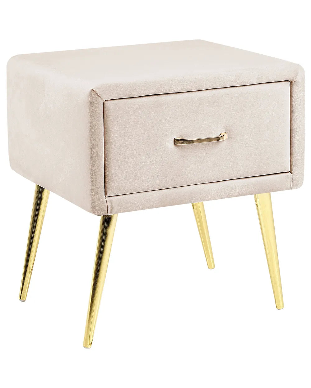1 Drawer Bedside Table FLAYAT – Velvet Upholstered Nightstand, Light Beige with Gold Legs