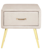1 Drawer Bedside Table FLAYAT – Velvet Upholstered Nightstand, Light Beige with Gold Legs
