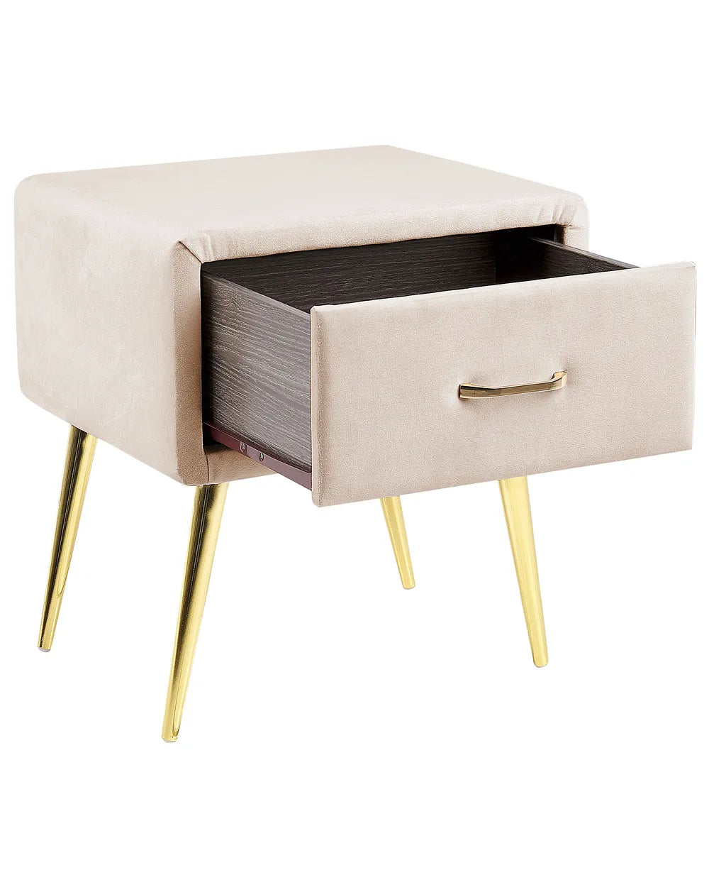 1 Drawer Bedside Table FLAYAT – Velvet Upholstered Nightstand, Light Beige with Gold Legs