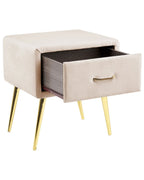 1 Drawer Bedside Table FLAYAT – Velvet Upholstered Nightstand, Light Beige with Gold Legs