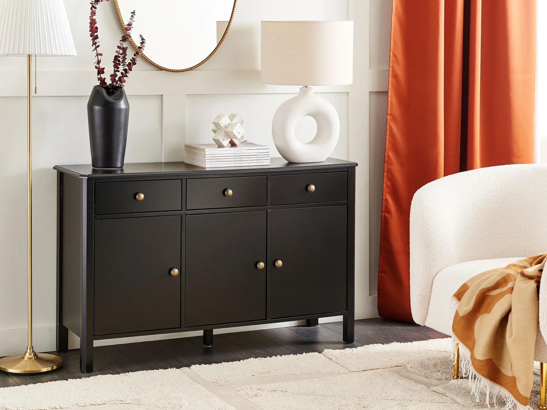 3 Door Sideboard OLATE Black, MDF Highboard Cabinet with Drawers, 120 cm