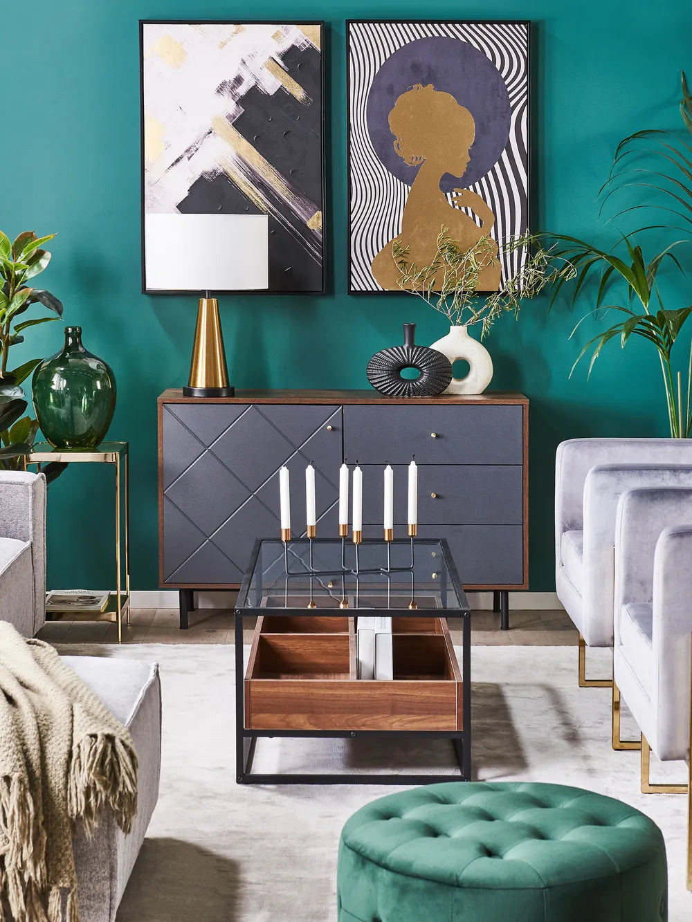 Modern Highboard Sideboard Cabinet with Glam Touch – Grey & Black, 120 cm