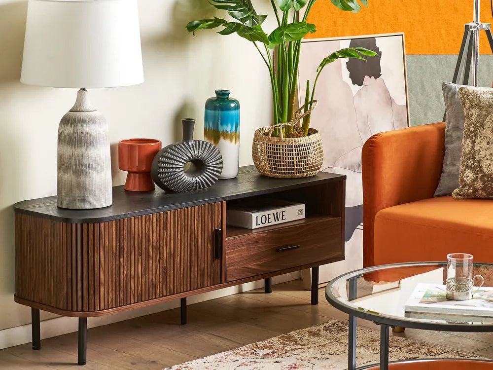 TV Stand JOSE Dark Brown – Retro Sliding Door TV Cabinet for TVs up to 54", with Drawer, Cable Management & Storage