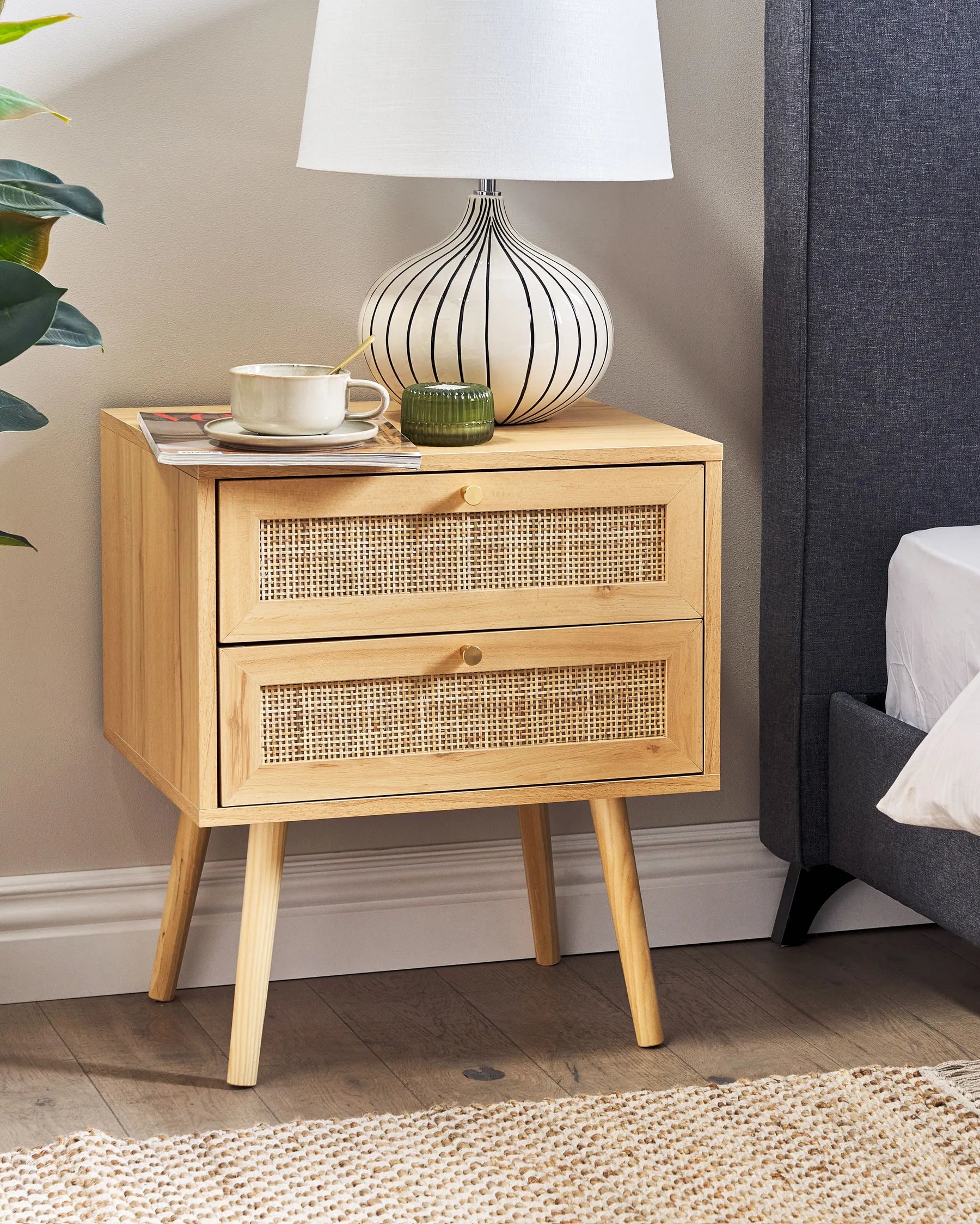 2-Drawer Bedside Table Perote with Rattan Fronts – Light Brown
