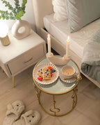 1 Drawer Bedside Table FLAYAT – Velvet Upholstered Nightstand, Light Beige with Gold Legs