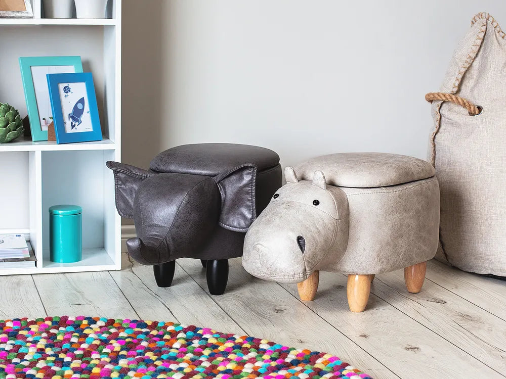 Storage Animal Stool HIPPO with Hidden Storage, Faux Leather Upholstery, Lightweight Kids Footstool, Light Grey