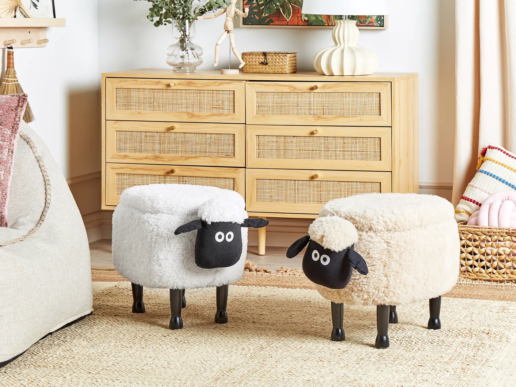 Storage Animal Stool SHEEP – Cute Kids Storage Footstool with Hidden Compartment, Soft Fabric Upholstery, Beige