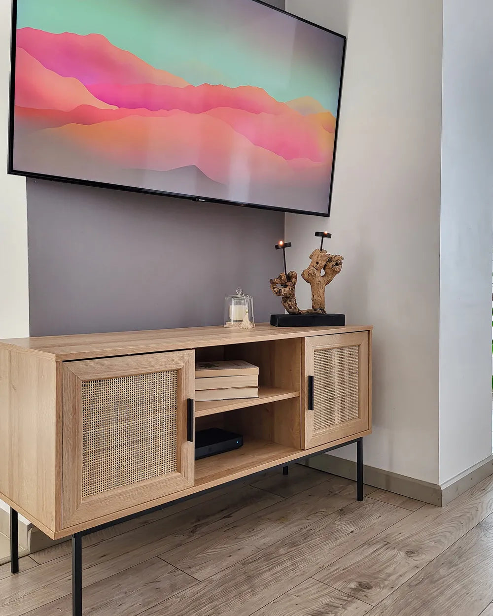 PASCO Rattan TV Stand 120 cm, Light Brown – TV Cabinet up to 55 Inch