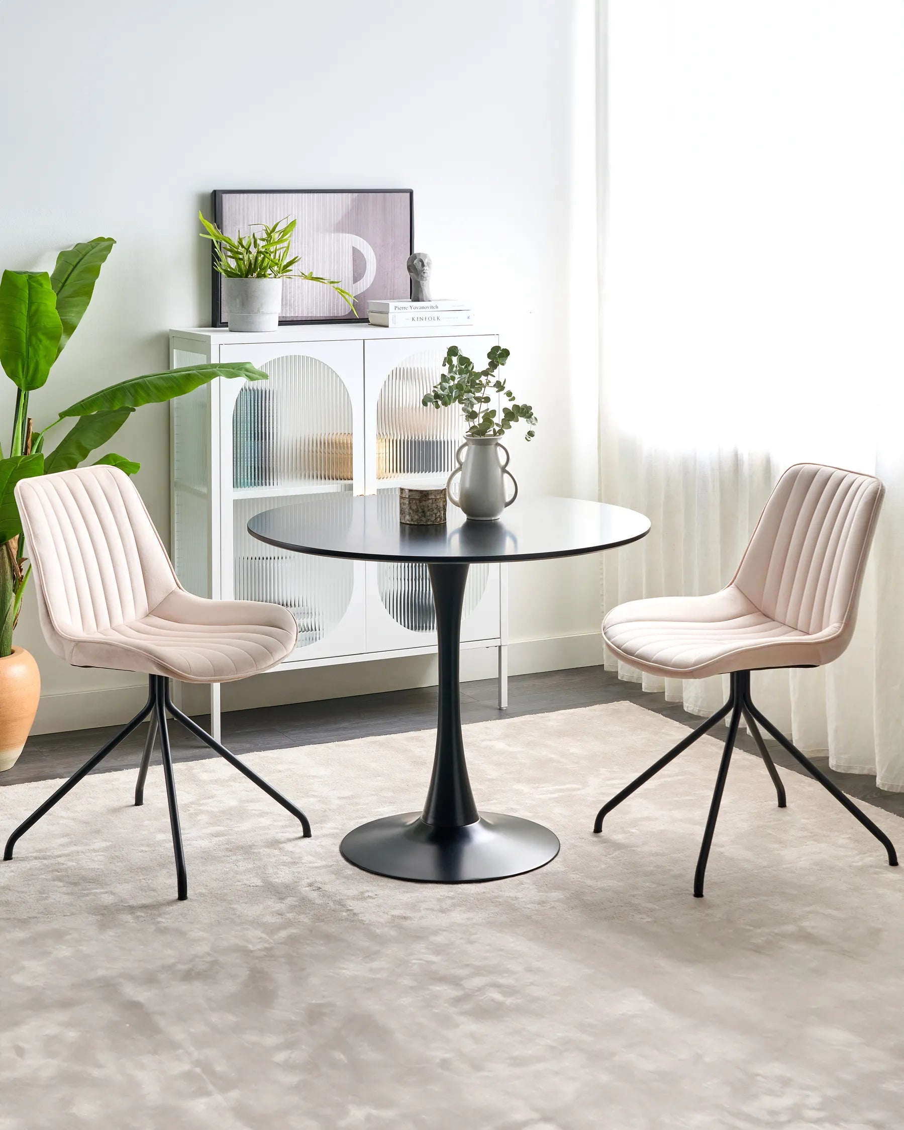 NAVASOTA Set of 2 Upholstered Dining Chairs, Beige Velvet, Black Steel Cross Base