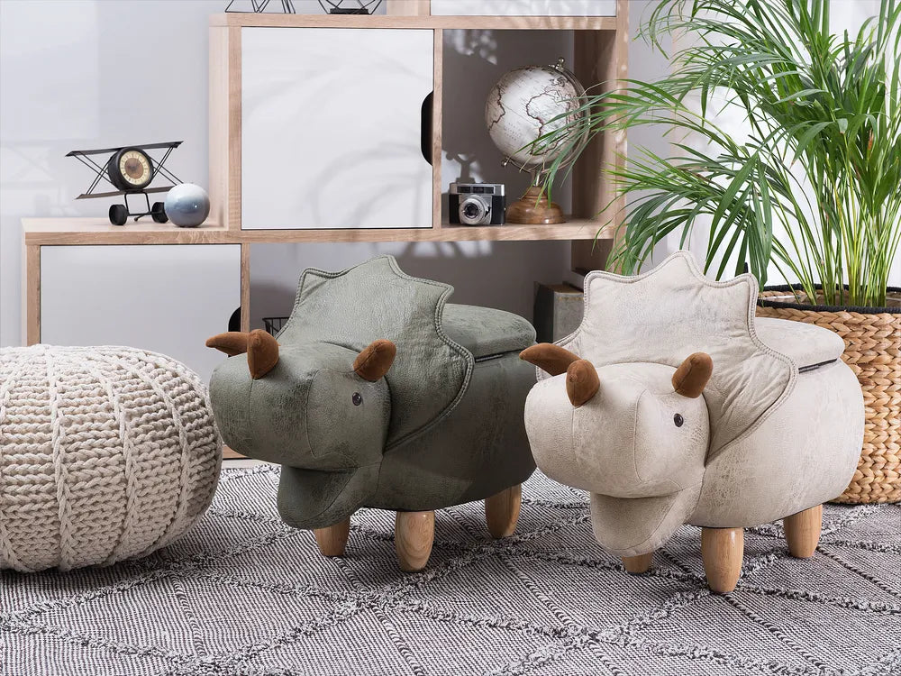 Storage Animal Stool TRICERATOPS Fabric Light Grey – Kids Pouffe with Hidden Storage