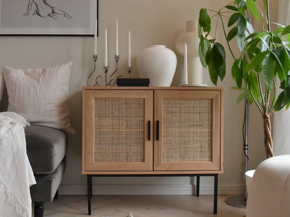 PASCO Light Brown Cabinet with Rattan Doors – 2-Door Storage Cabinet, Natural Wood Look, Metal Legs