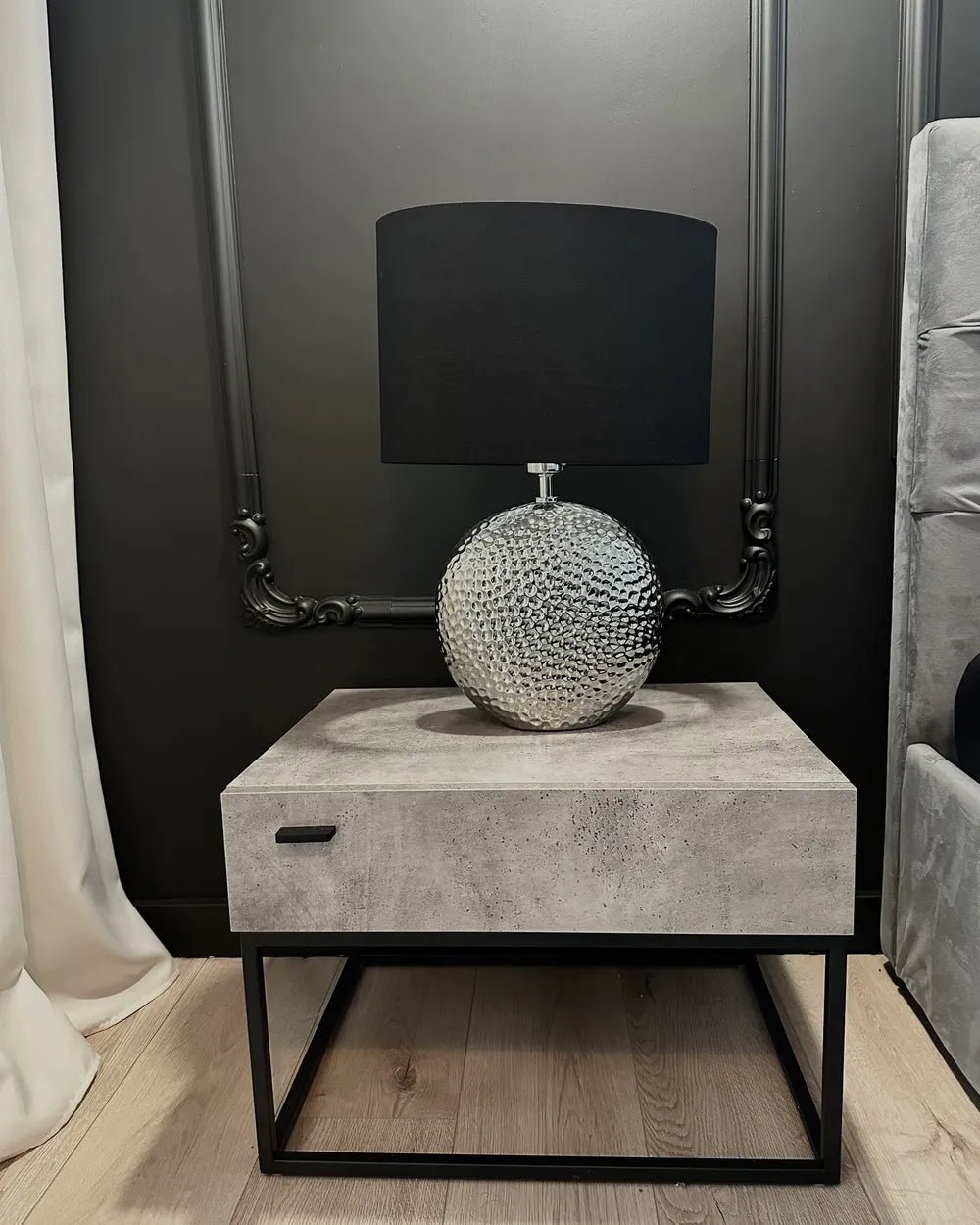 1 Drawer Industrial Bedside Table CAIRO – Light Grey, Concrete Effect, Metal Frame