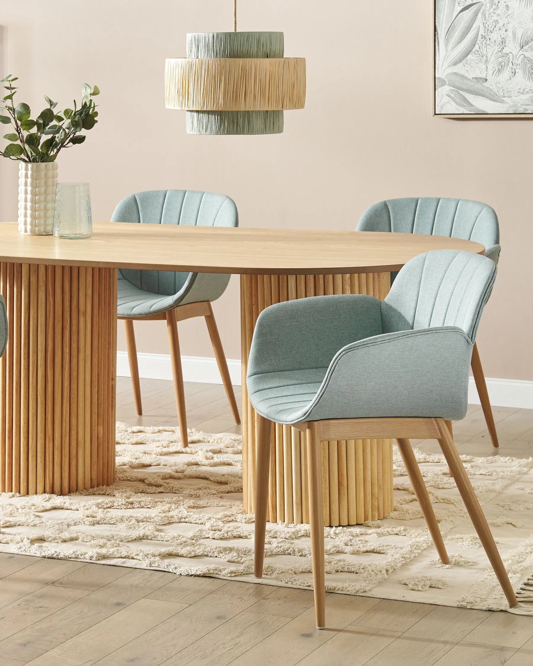 ALICE Set of 2 Upholstered Dining Chairs with Armrests, Mint Green Fabric, Wooden-Look Legs