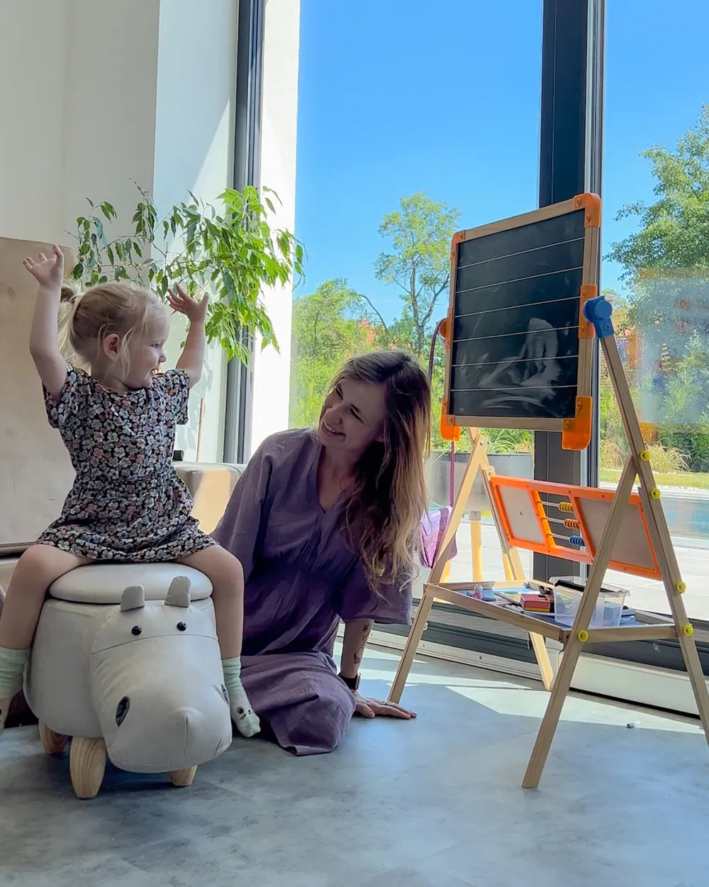 Storage Animal Stool HIPPO with Hidden Storage, Faux Leather Upholstery, Lightweight Kids Footstool, Light Grey