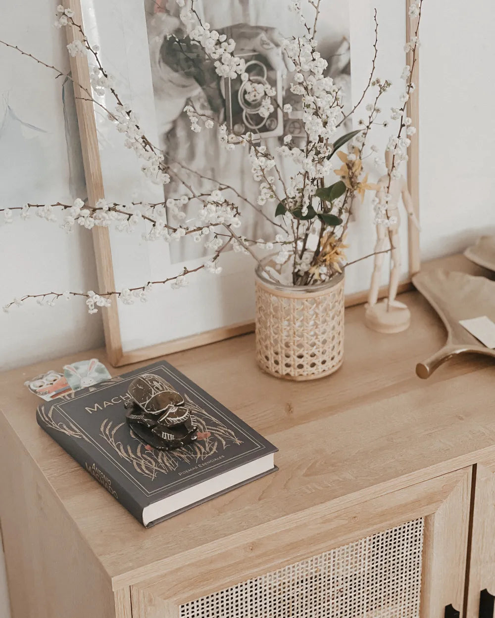 PASCO Light Brown Cabinet with Rattan Doors – 2-Door Storage Cabinet, Natural Wood Look, Metal Legs