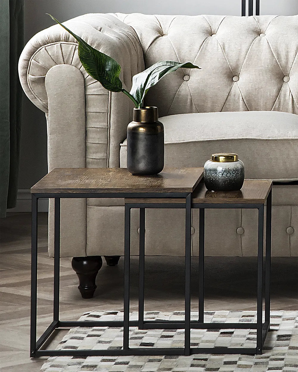 DENNY Set of 2 Side Tables, Square MDF Tables with Metal Frame, Dark Brown, 40×40×42 cm & 35×35×39 cm