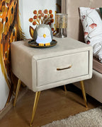 1 Drawer Bedside Table FLAYAT – Velvet Upholstered Nightstand, Light Beige with Gold Legs