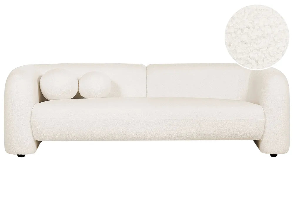 Sofa 3 Seater LEIREN Bouclé White – Modern Curved Fabric Sofa with Cushions
