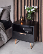1 Drawer Bedside Table INDIO – Black Nightstand with Gold Accents, Modern Storage Side Table