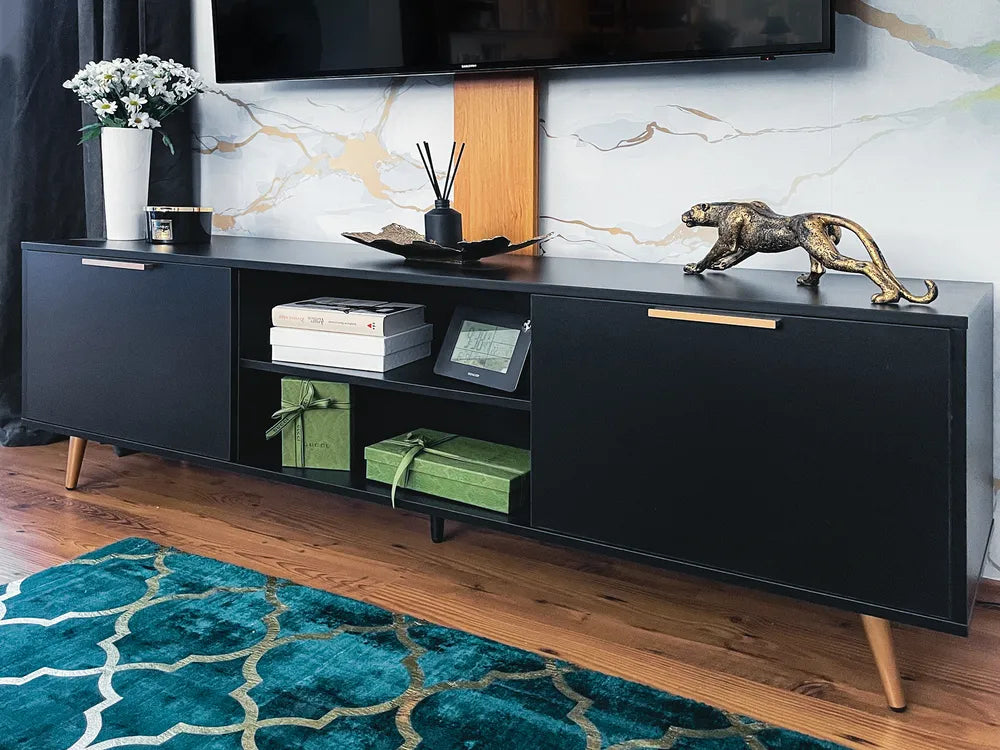 Modern TV Stand INDIO Black with Storage Cabinet & Cable Management – Suitable for TVs up to 75 Inches